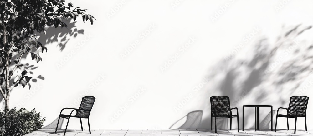 Poster Silhouette of patio furniture in a minimalist courtyard setting with open space for text and greenery accents in natural light.