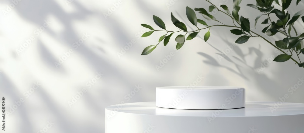 Poster cosmetic product showcase on minimalistic white podium with fresh greenery and ample space for custo