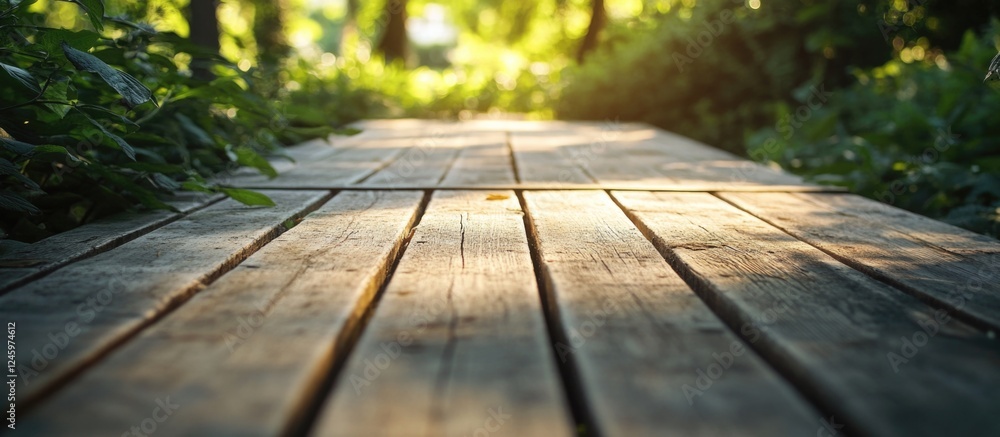 Poster wooden walkway with warm sunlight filtering through trees creating a serene and inviting atmosphere 