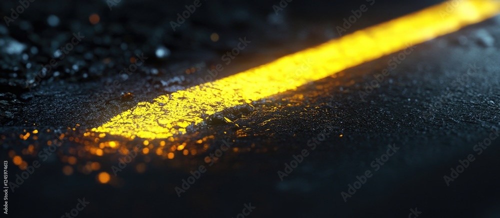 Poster close-up of vibrant yellow line on asphalt with a wet surface creating an abstract background effect