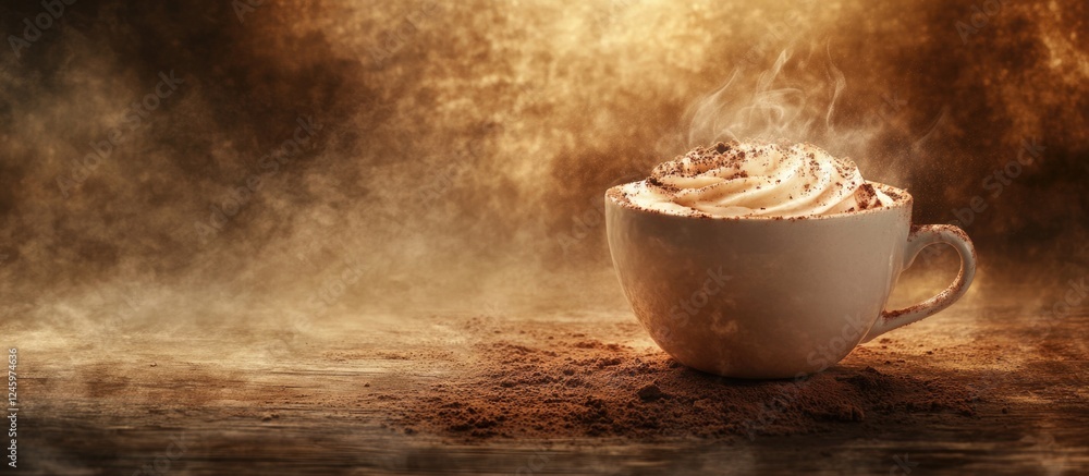 Aufkleber cappuccino in a large white cup on a rustic wooden table with steam rising in a warm, inviting atmos