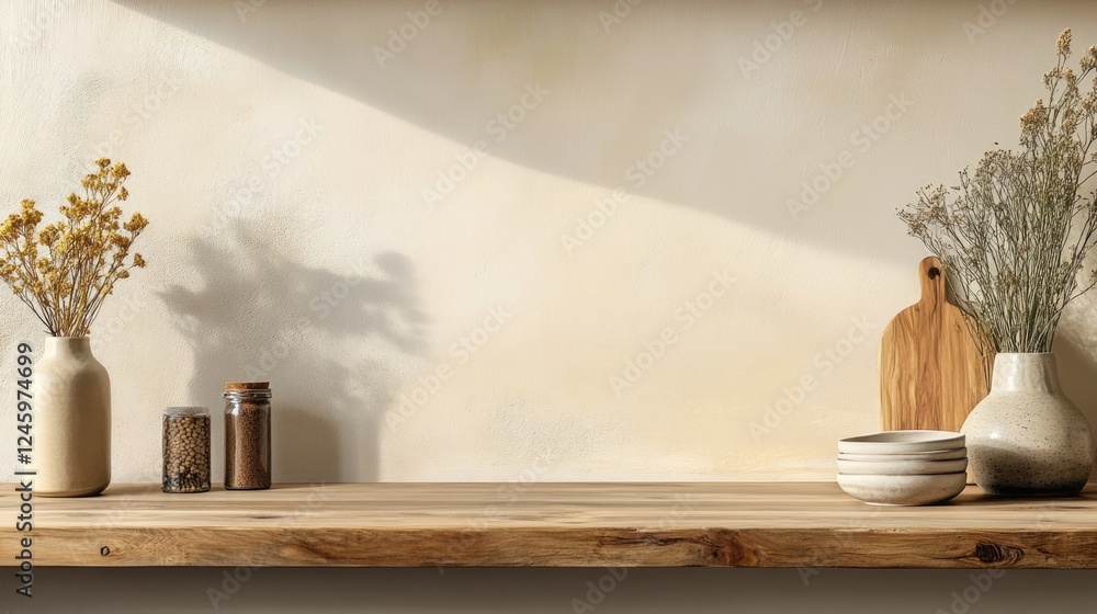 Poster Minimalist wooden countertop with rustic decor elements for stylish home presentation and spacious empty area for adding text or product images.
