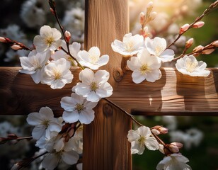 A rustic wooden cross intertwined with delicate cherry blossoms and Easter palms, symbolizing faith, renewal, and the beauty of the season, creating a peaceful Easter ambiance.