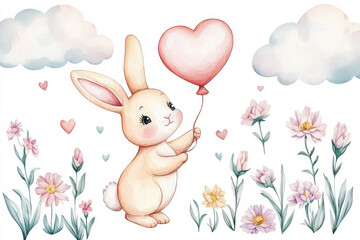 Cute bunny holding a heart balloon surrounded by flowers and soft clouds.