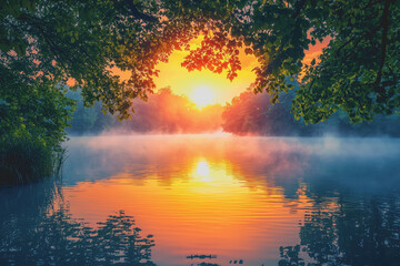 Tranquil lake scene with a solitary tree and a vibrant sunset reflecting on the water surface creating a serene natural landscape
