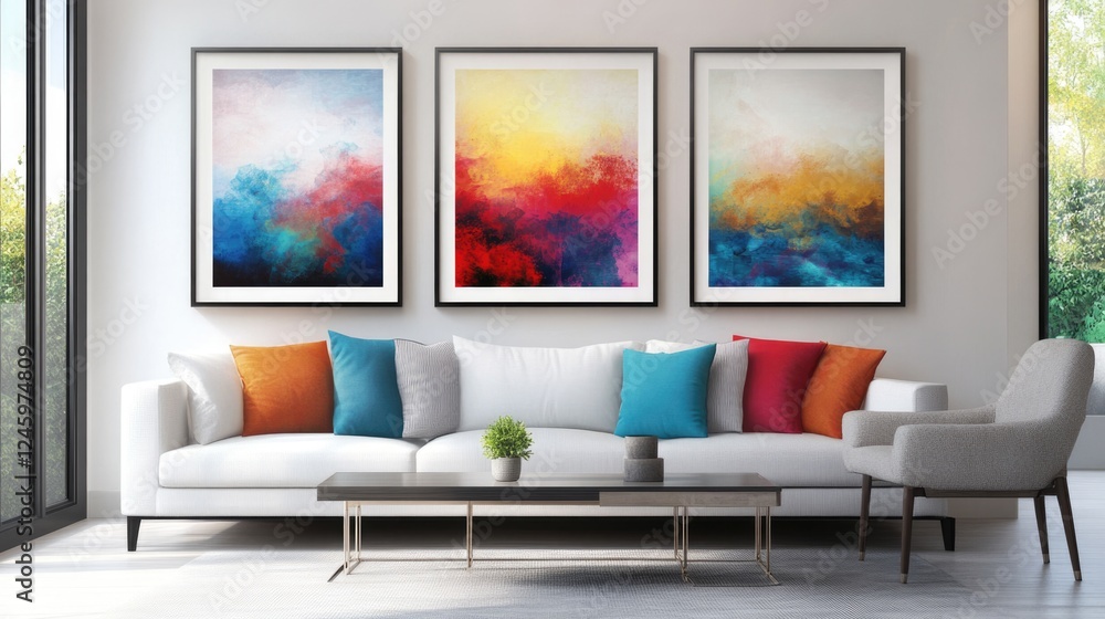 Poster contemporary living room design with vibrant framed artworks and empty space for customizable text i