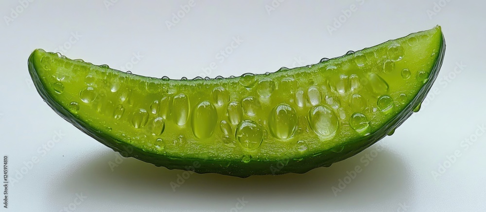 Poster fresh cucumber slice showcasing vibrant green color and droplets of moisture against a clean backgro