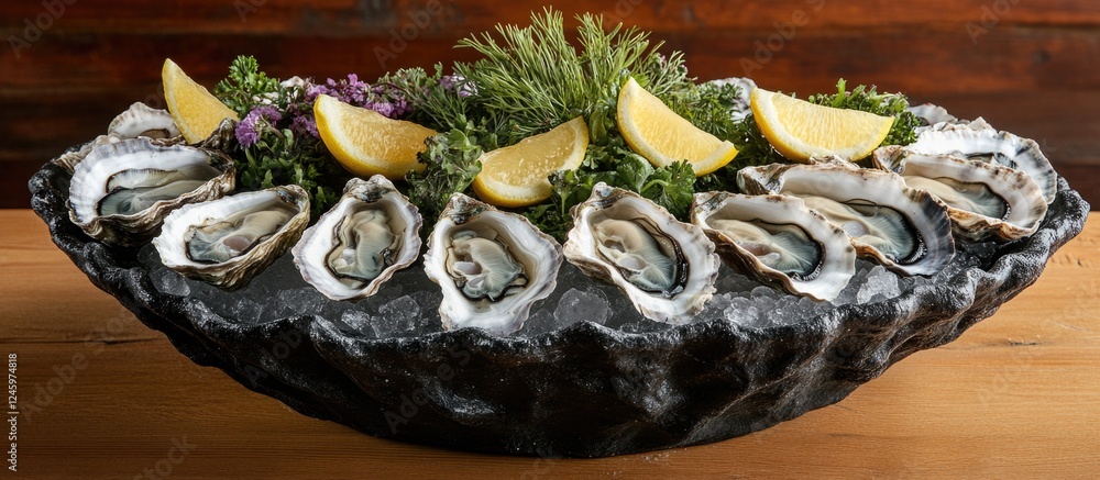 Poster fresh oysters served with lemon wedges and garnished with herbs on a rustic wooden table ideal for s