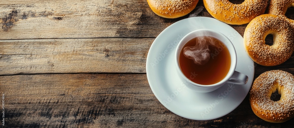 Poster Cozy scene of a cup of tea with bagels on a rustic wooden table creating a warm and inviting atmosphere for breakfast or snack time.