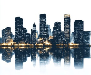Fototapeta na wymiar Cityscape, night, reflection, urban, skyline, waterfront, lights, buildings, panorama, design