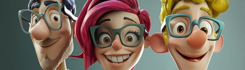 Happy cartoon friends, glasses, closeup.  Website banner, social media
