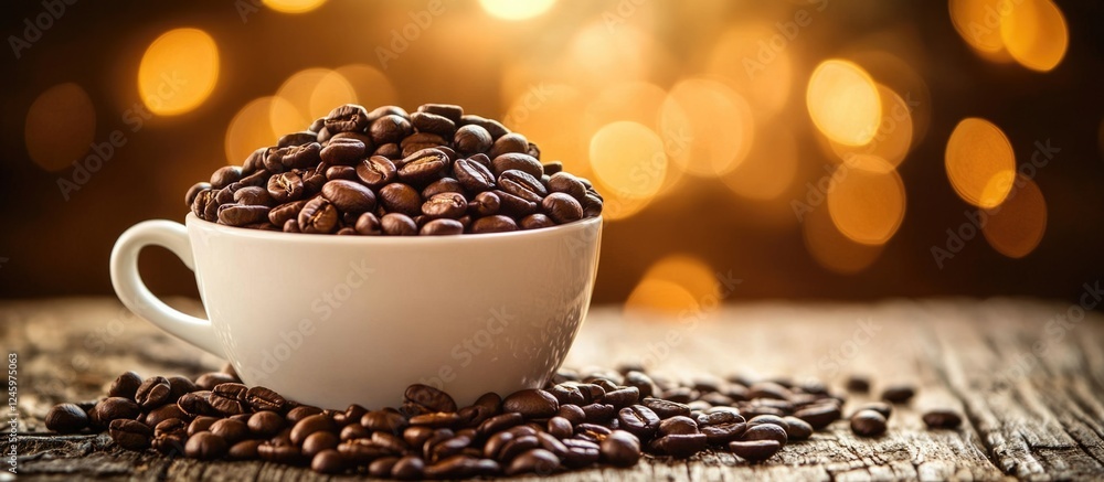 Poster white cup overflowing with coffee beans on rustic wood surface with warm bokeh lights in the backgro