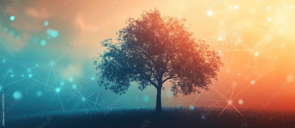 Poster abstract digital network landscape featuring a solitary tree against a gradient background with spac