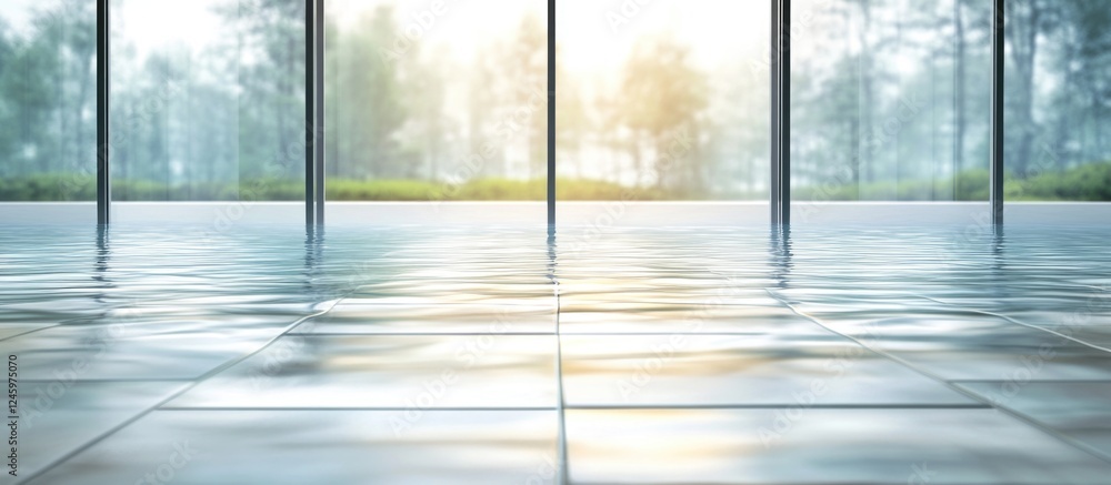 Poster serene reflection of blurred water on tile and cement floors with lush greenery in the background