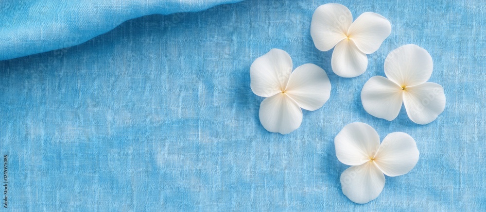 Fototapete Cotton flowers arranged on a blue fabric background with ample blank space for customization and text placement in designs.