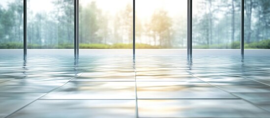 Fototapeta premium Serene Reflection of Blurred Water on Tile and Cement Floors with Lush Greenery in the Background