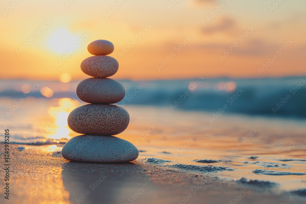 Aufkleber stack of smooth rocks on a sandy beach during a vibrant sunset with colorful sky and gentle waves in