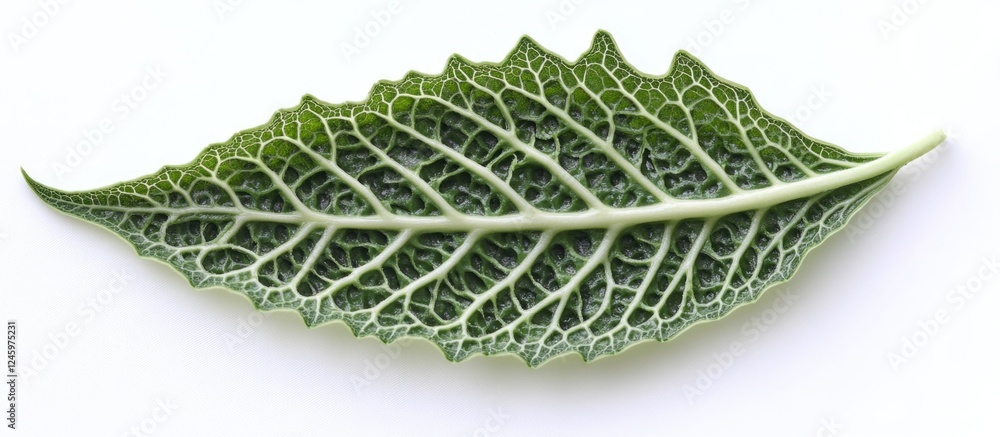 Poster clidemia hirta leaf showcasing intricate green pattern over a white background highlighting its uniq