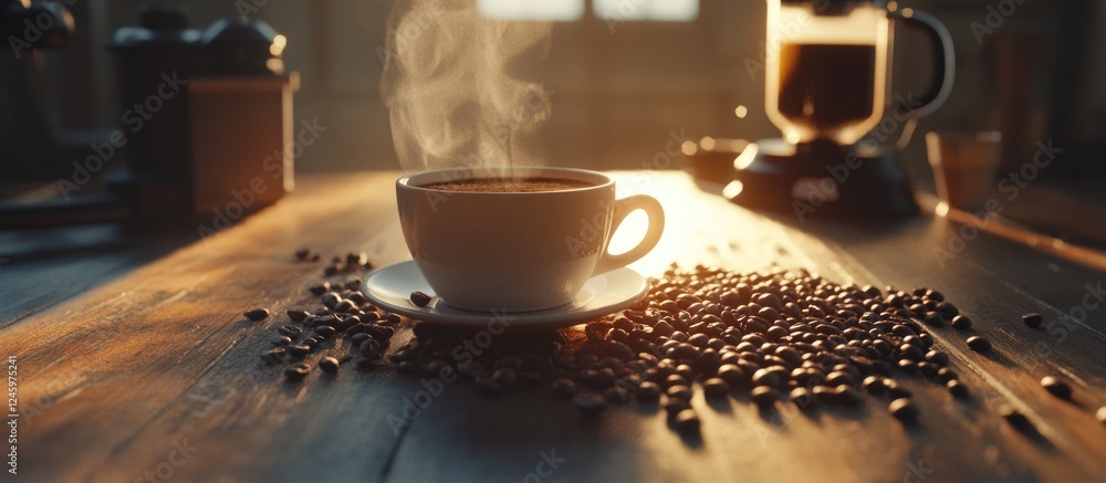 Poster steaming cup of coffee surrounded by roasted beans on a wooden table with soft morning light creatin
