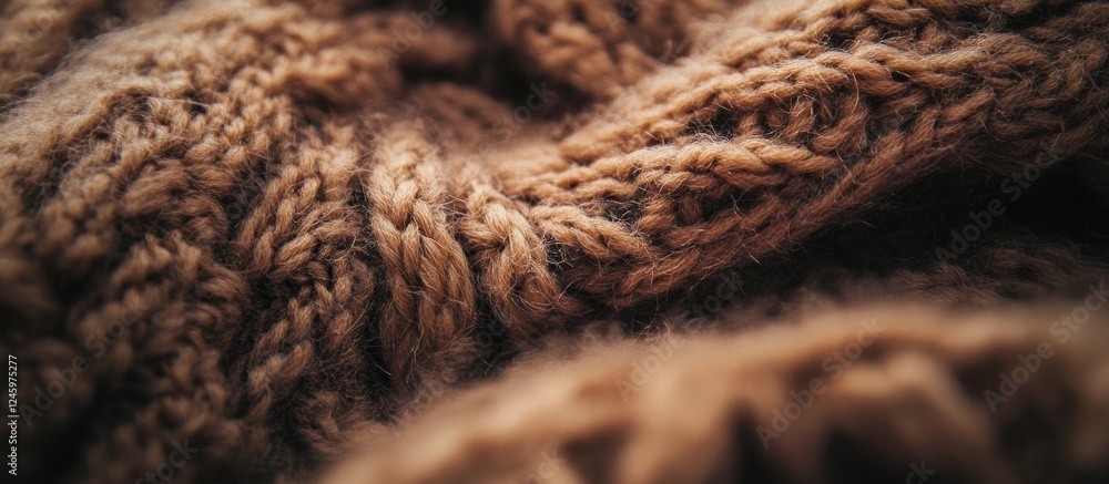 Poster knitted woolen fabric texture closeup showcasing intricate patterns and soft, fluffy fibers in warm 