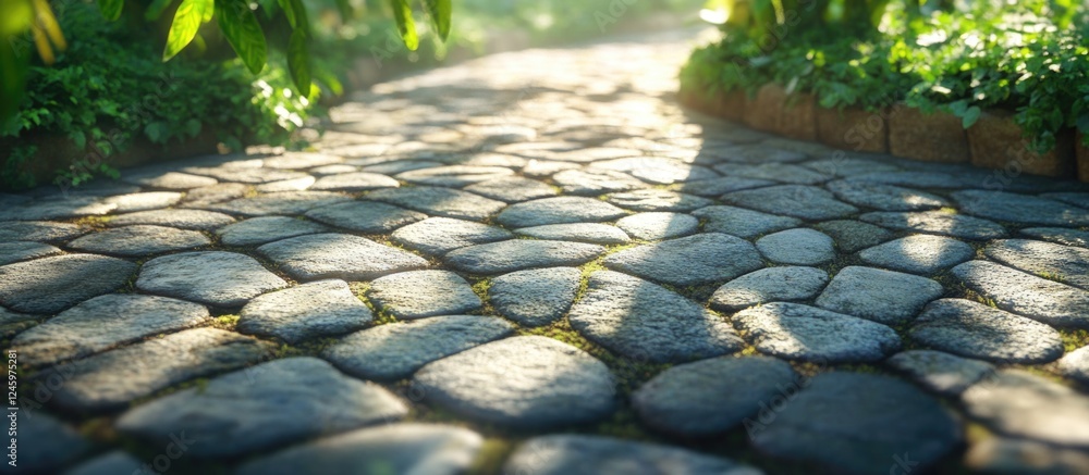 Aufkleber textured cobblestone path with sunlight illuminating the unique curved pattern and surrounding green