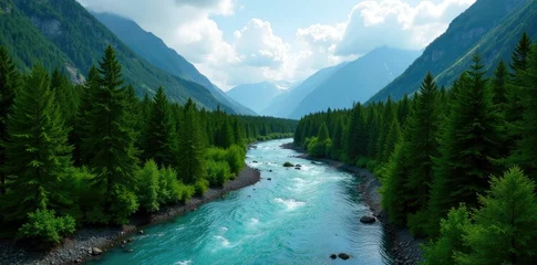 Fototapete Rund Alaskan valley with rivers flowing through a dense forest of evergreen trees, alaska, river, tree © สิริวุฒิ นาคโคตร