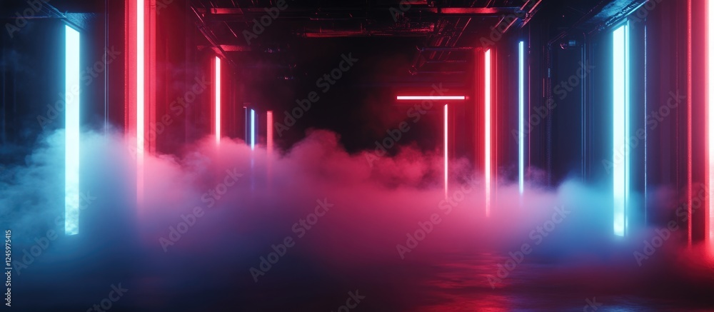 Poster neon-lit corridor with fog in vibrant red and blue tones creating a mysterious atmospheric setting o