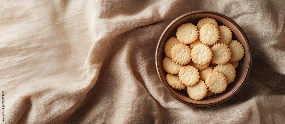 Poster digestive cookies in a wooden bowl on soft fabric with a neutral background ideal for text overlay o