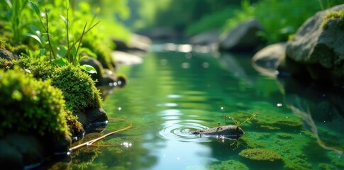 Algae growth in a freshwater stream with aquatic plants, water features, plant life