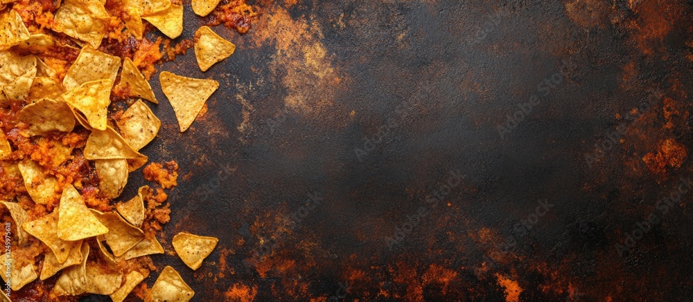 Aufkleber Crispy spicy nachos arranged on a dark background with chili sauce and ample empty space for customizable text or branding elements