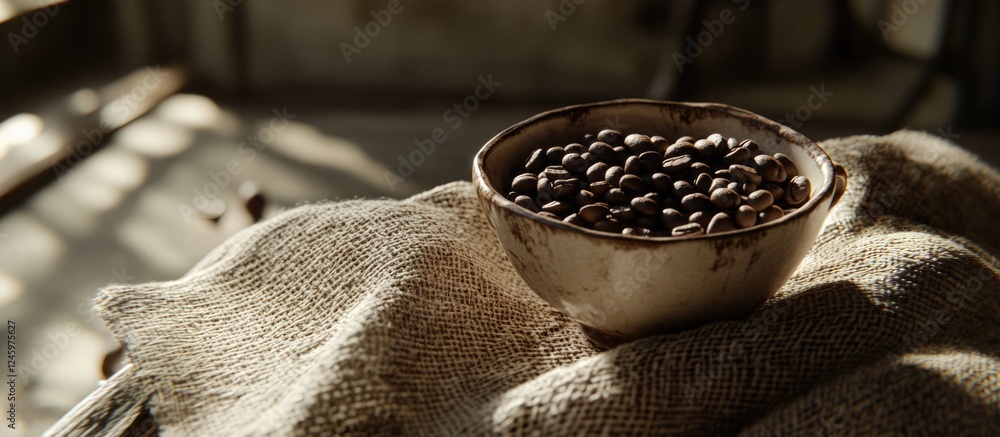 Aufkleber cup filled with coffee beans resting on a textured cloth sack showcasing warm tones and natural ligh