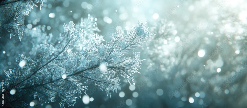 Poster winter forest close-up with shimmering snowflakes and soft bokeh effect creating a tranquil, etherea