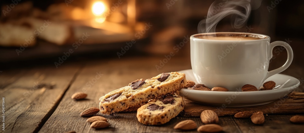 Aufkleber coffee cup with chocolate almond biscotti on a rustic wooden table creating a cozy and inviting atmo