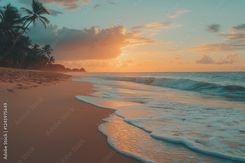 Poster beach scene with sunset palm trees and ocean waves under a colorful sky at twilight creating a seren