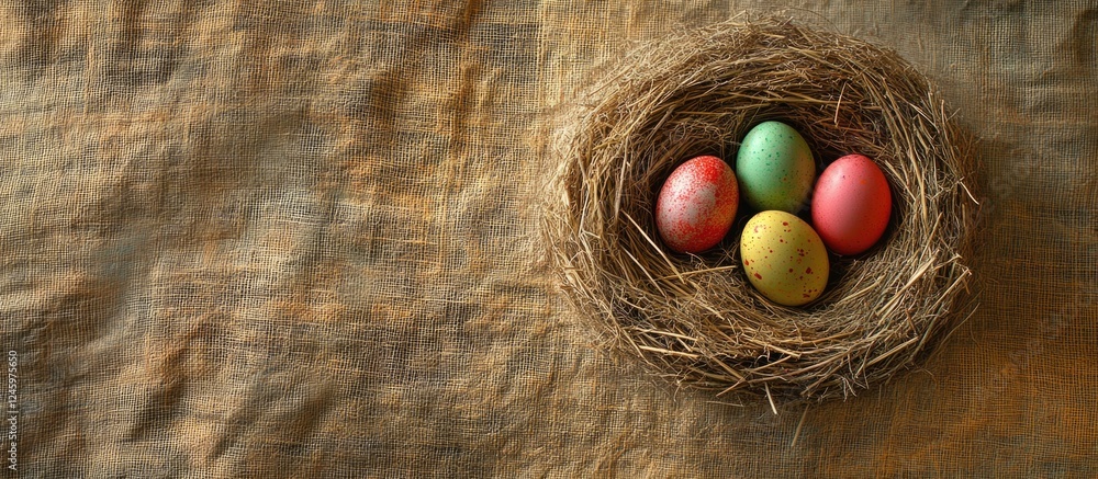 Aufkleber colorful easter eggs nestled in a straw nest atop burlap fabric creating a rustic springtime backgro