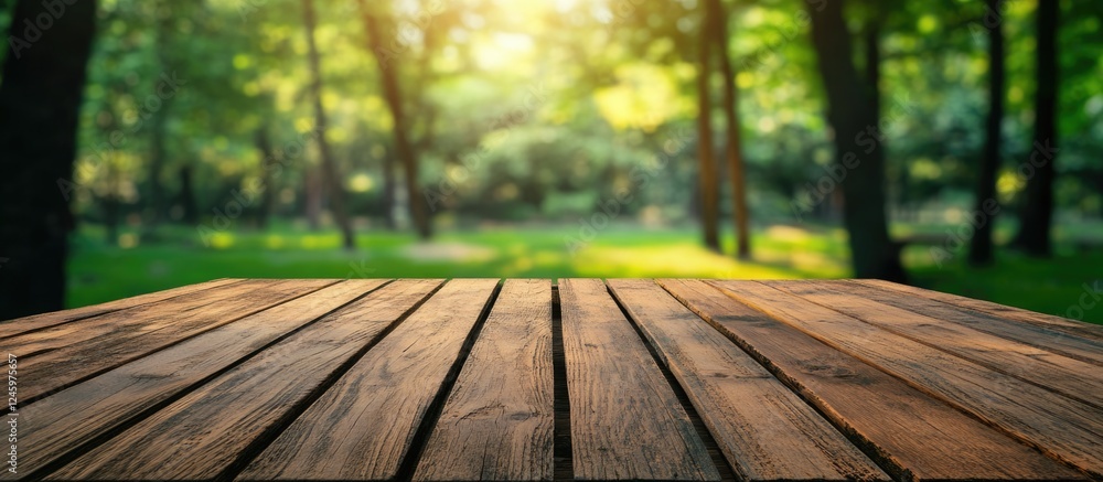 Poster empty wooden tabletop in serene green nature setting perfect for text overlay and product display op