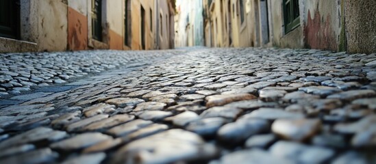 Detail of traditional Portuguese cobblestone pavement in a Lisbon street showcasing craftsmanship and historic architecture.