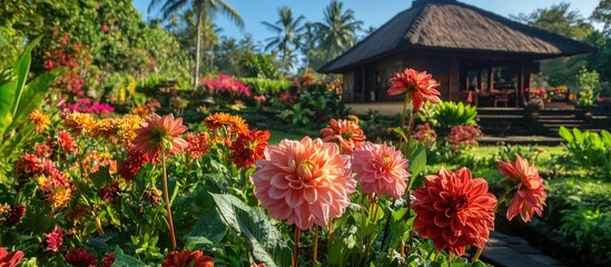 Vibrant dahlia flowers blooming in a tropical garden setting showcasing traditional Indonesian house and lush greenery in the background.