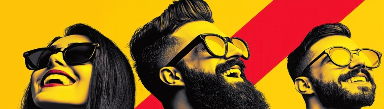 Happy friends, sunglasses, yellow background, pop art style, social media
