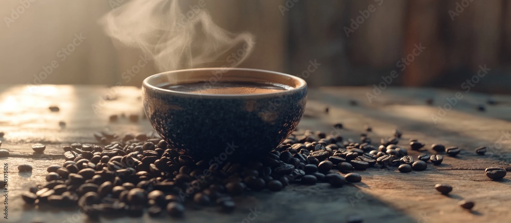 Poster Steaming coffee cup placed on scattered coffee beans with warm light creating an inviting atmosphere.