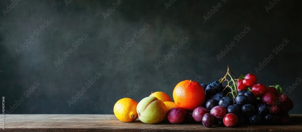 Poster vibrant assortment of fresh fruits on a rustic wooden table with dark background and ample empty spa