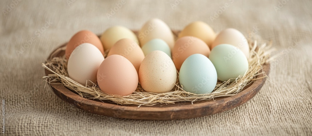Poster easter celebration with colorful eggs arranged in a rustic plate surrounded by straw on a soft beige