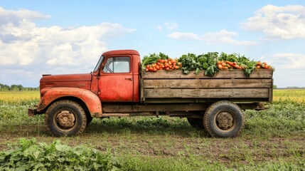 Obraz premium Vintage Farm Truck Loaded with Fresh Produce
