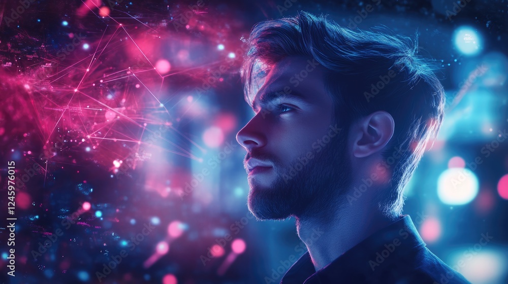 Poster contemplative young man in futuristic ambiance reflecting on ideas with vibrant dynamic elements and
