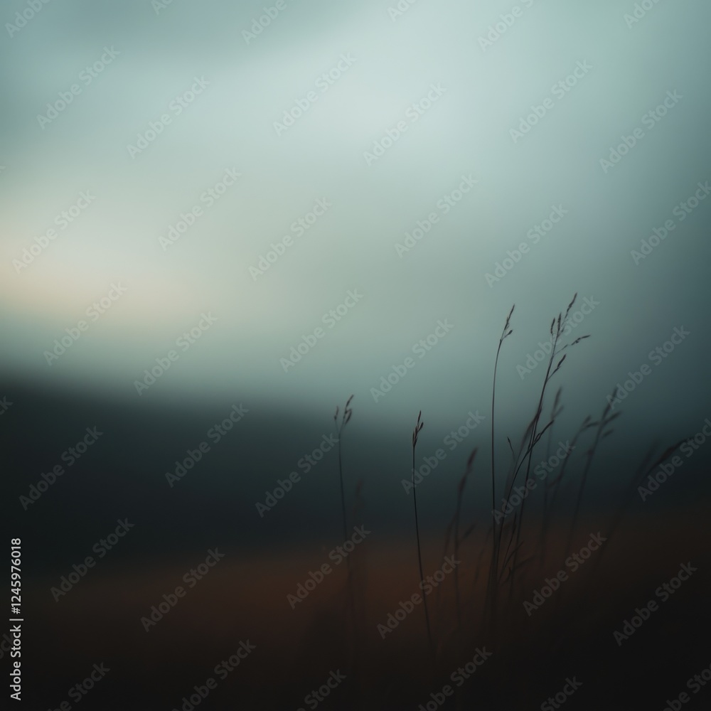 Wall mural blurry image of grass with a foggy sky creating a soft-focus dark gradient moody atmosphere