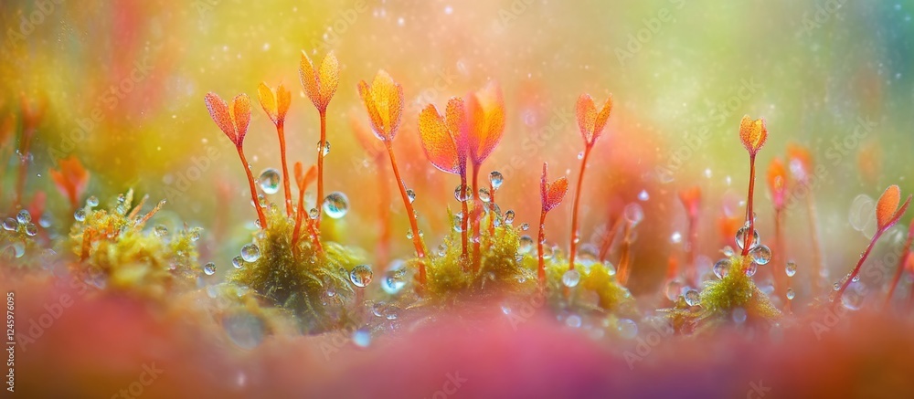 Poster Sphagnum moss close-up with vibrant colors and water droplets showcasing its unique structure and beauty in natural habitat.