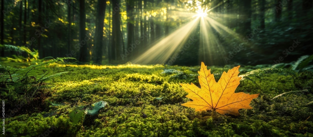 Poster golden autumn leaf resting on lush moss in serene forest with sunlight streaming through trees creat