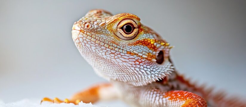 Vibrant close-up of a common lizard showcasing intricate details against a soft white background highlighting its natural poses.