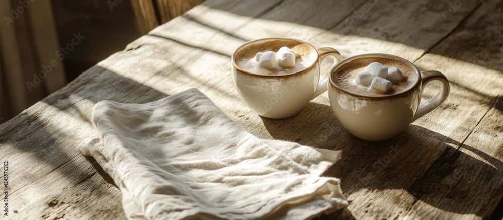 Poster cozy coffee cups with marshmallows and a napkin on a rustic wooden table illuminated by soft sunligh