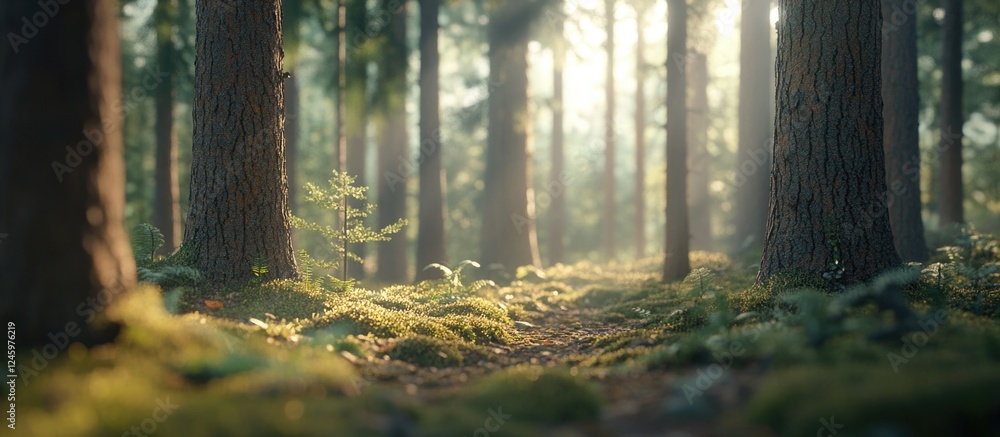 Aufkleber serene forest landscape showcasing closely spaced pine trees illuminated by soft sunlight filtering 
